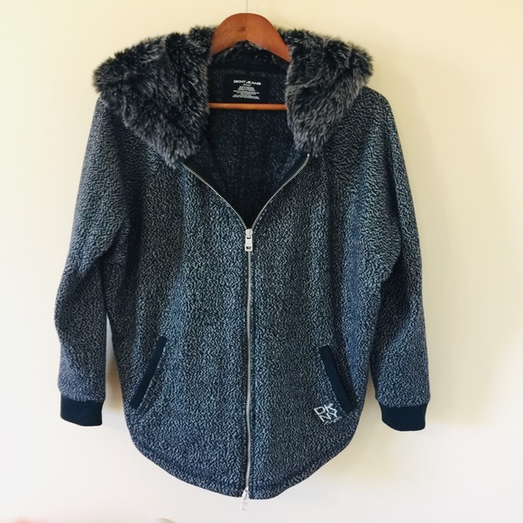 DKNY Grey Thick Fur Hooded Zip Jacket | S - Picture 1 of 8